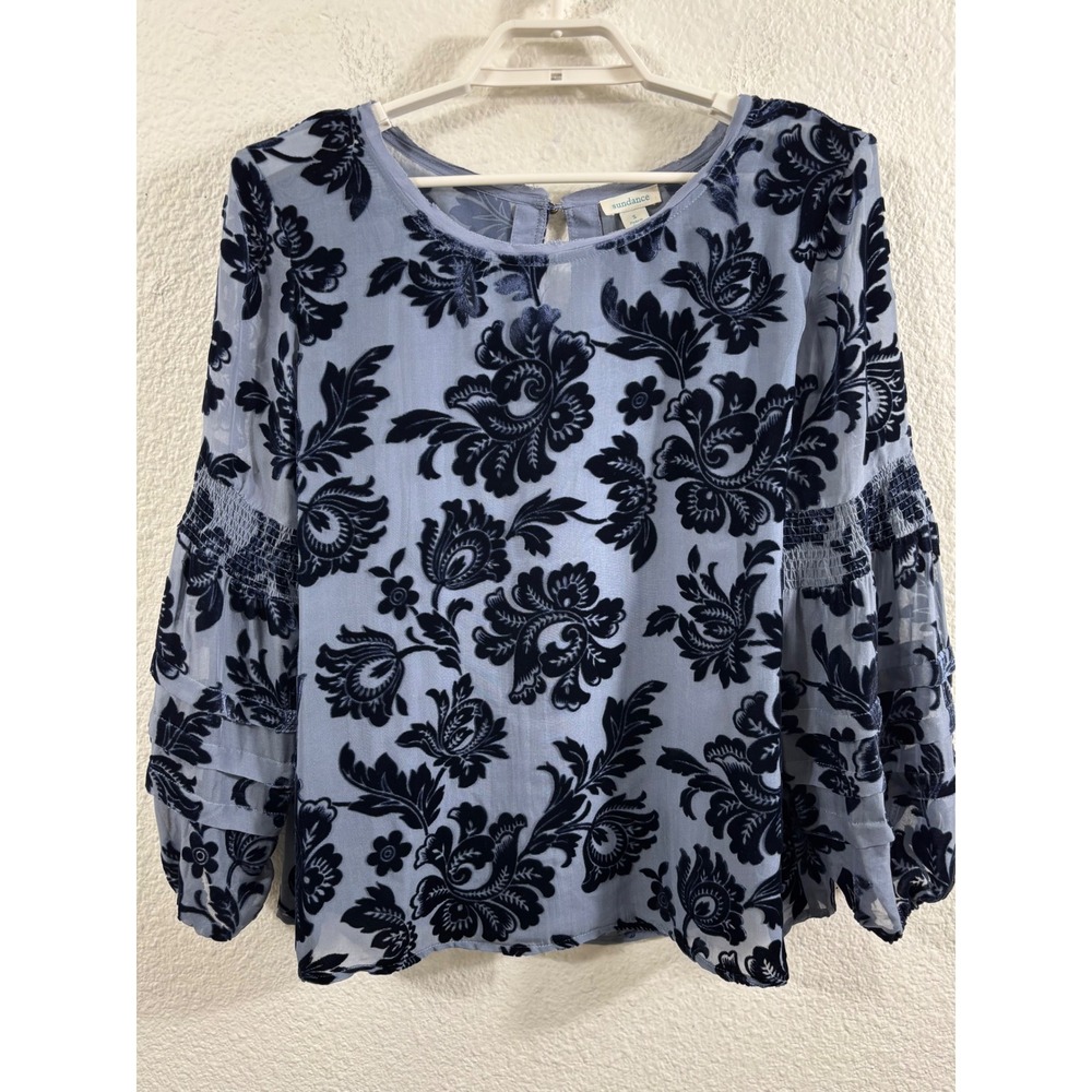 Sundance Blue Velvet Burnout Floral Smocked Tiered Sleeve Peasant Blouse Small